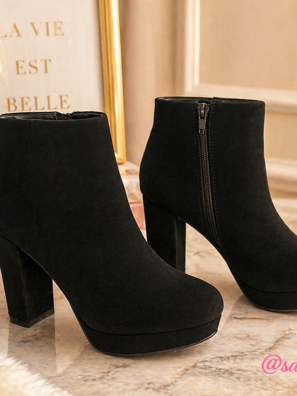 Women's Black Suede Platform Ankle Boots - Classic Zip Heel